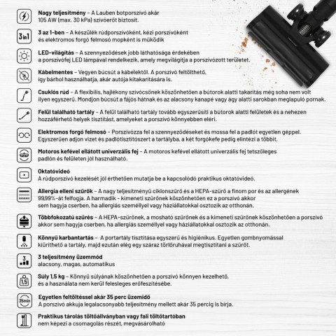 Lauben Stick Vacuum Mop 3in1 Pet Deluxe 400BC Álló Rúdporszívó